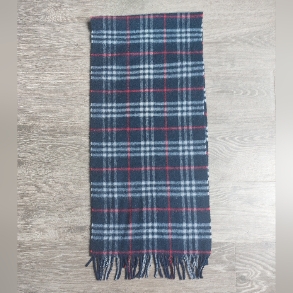 Vintage Burberry cashmere wool scarf. Navy blue red white plaid